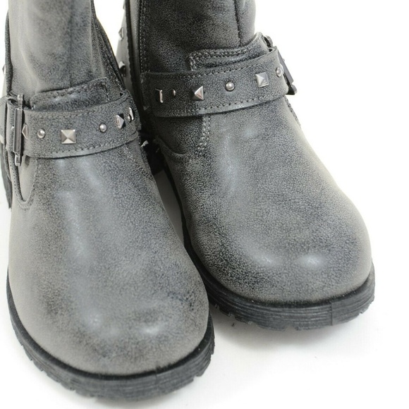 Grey Studded Buckles Combat Boots Girls Zipper - Picture 2 of 4